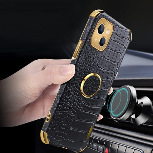 Guppy Compatible with iPhone 15 Plus Ring Holder Case Luxury Crocodile Cover Gold Edge 360 Degree Rotation Stand for Women Slim Leather Snake Liza...