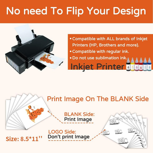 TranSmile PU-Heat Transfer Paper for T Shirts (10 Sheets, 8.5 x 11'') Printable Heat Transfer Vinyl for Dark Fabrics Iron on Transfers for Inkjet ...