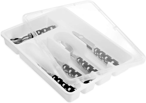 Flatware Tray with Lid, Plastic Camper Picnic Cutlery and Utensil Drawer Organizer, Kitchen Silverware Storage Container with Cover, White...