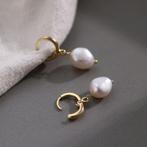 Huggie Small Hoop Pearl Earrings, Natural Fresh-water Pearl Earrings 18k Gold Plated Crystal Drop Dangle Earrings for Women...