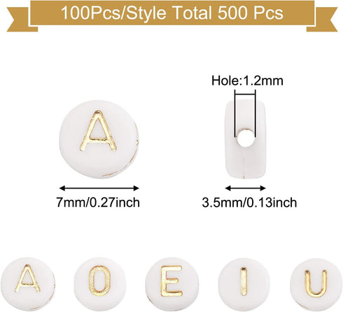 FASHEWELRY 500Pcs Vowel Acrylic Letter Beads A/E/I/O/U Initial Beads White Gold Flat Round Alphabet Letter Beads for DIY Name Bracelet Jewelry Mak...