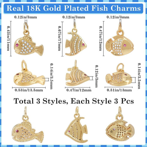 Beebeecraft 9Pcs 3 Styles Cubic Zirconia Fish Charms 18K Gold Plated Summer Sea Fish Pendant Charm with Storage Box for DIY Jewelry Crafts Necklac...