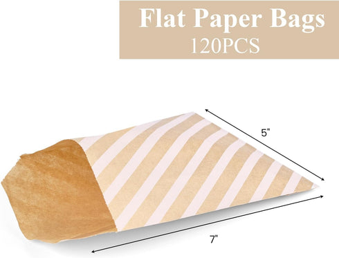 VGOODALL 120PCS Flat Paper Bags, 5 x 7 Inch Popcorn Bags Cookie Bags Kraft Paper Bags Striped Snack Bags Treat Bags for Snacks Cookies...