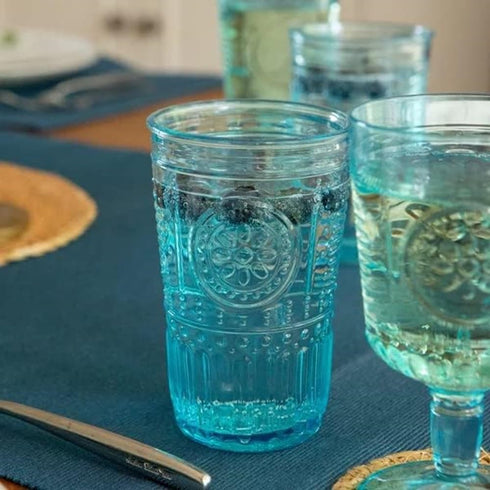 Bormioli Rocco Romantic Set Of 4 Tumbler Glasses, 11.5 Oz. Colored Crystal Glass, Light Blue, Made In Italy....