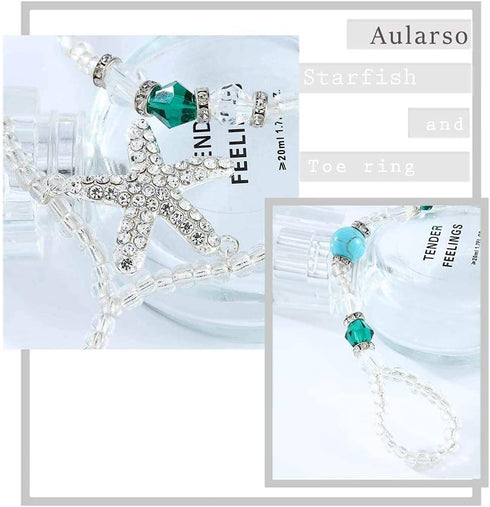 Turquoise Barefoot Sandals Starfish Beaded Ankle Chain Layered Pearl Toe Ring Foot Chain for Women(2PCS)...