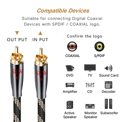 SKW Digital Coaxial Cable RCA to RCA Multiple Shield with Ultra-high Purity Copper Subwoofer Cable for HiFi Systems 4.9ft/1.5M...