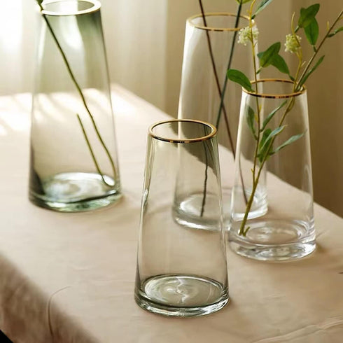 Moden Trapezoid Glass Vase with Gold Mouth for Centerpieces Home Wedding Decoration (1, Small 4.7" x 8.7")...