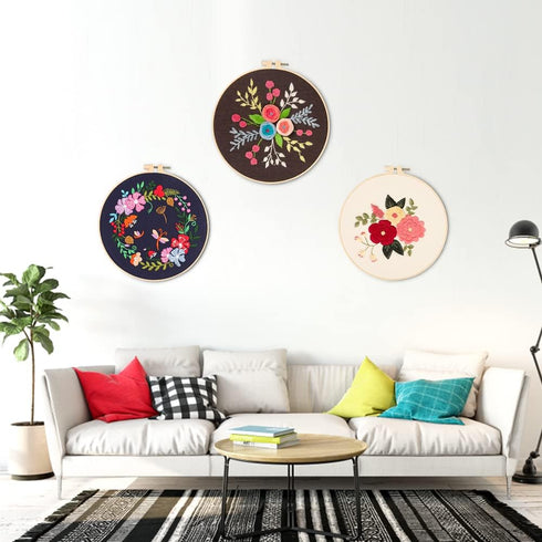 GOKURVG Embroidery Starter Kit with Floral Pattern and Instructions Hoops Floss Threads Needles,3 Pack Cross Stitch Kits Embroidery Kit for Adults...