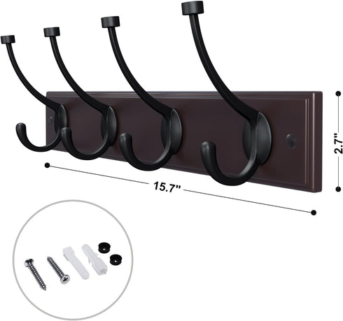SONGMICS Wooden Wall Mounted Coat Rack 16 Inch Rail with 4 Metal Hooks for Entryway Bathroom Closet Room Dark Brown...