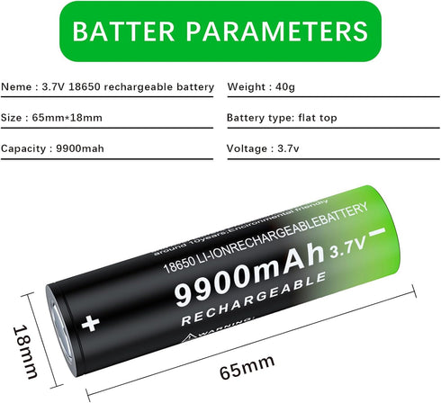 4 Pack 1??8??6??5??0 Rechargeable Battery 3.7??V 99??00m??A??h Flat Top Li-ion Batteries for Flashlights, Headlamps...