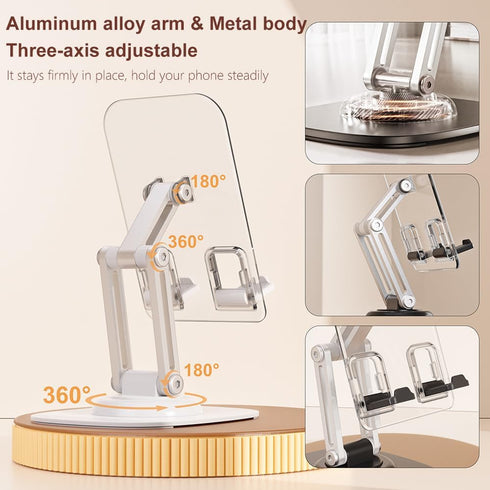 Phone Stand, Acrylic Phone Stand for Desk 360-Degree Rotation Cell Phone Holder with Sturdy Metal Base, Aluminum alloy arm, Compatible Most Phones...