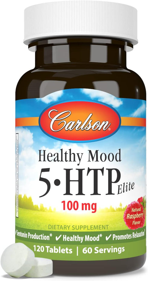 Carlson - Healthy Mood 5-HTP Elite, 100 mg, Serotonin Production, Healthy Mood & Promotes Relaxation, Natural Raspberry Flavor, 120 Tablets...