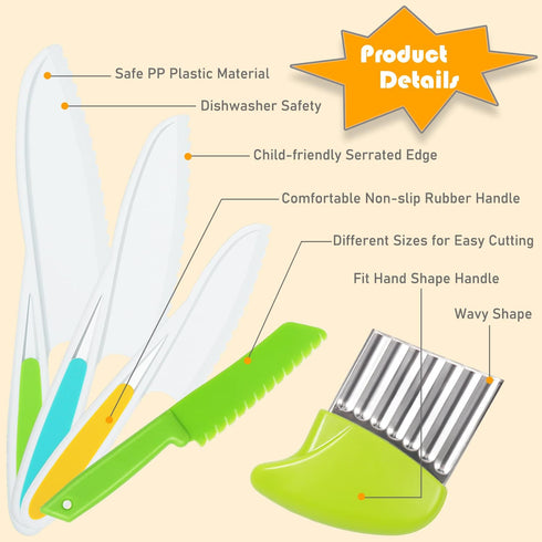 Kids Knife Set 5 Pcs Toddler Safe Knives Plastic Child Friendly Knife with Crinkle Cutter BPA-Free Serrated Edges Kitchen Tools for Real Cooking a...