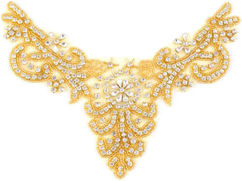 ShiDianYi Rhinestone Applique Crystal Pearl Beading Trim for Collar, Wedding Applique, Gold Wedding Sash...