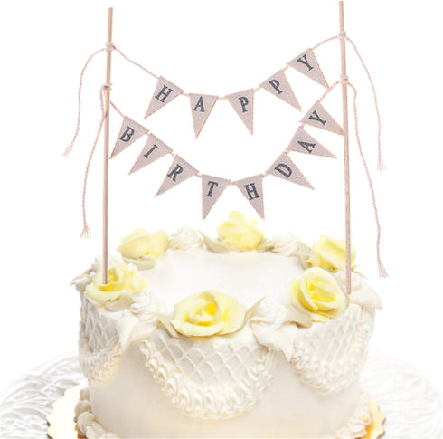 LOCOLO Happy Birthday Cake Toppers, Ivory Cake Topper with Wooden Sticks, Party Decoration Supplies Cake Toppers Happy Birthday...