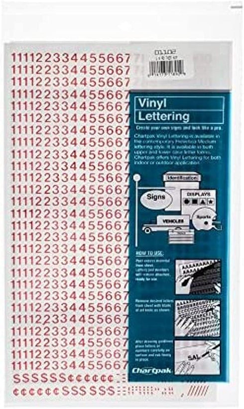 Chartpak Self-Adhesive Vinyl Numbers, 1/4 Inch High, Red, 718 per Pack (01102)...