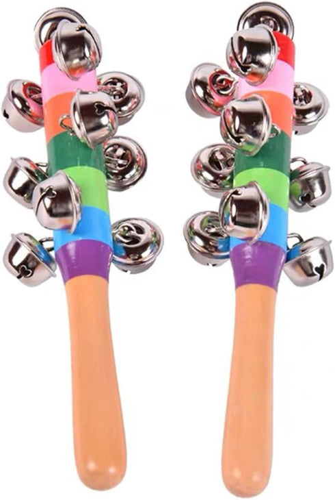 2 Pack Vivid Color Rainbow Handle Wooden Bells Jingle Stick Shaker Rattle 10 Jingle Bells Baby Kids Children Musical Toys...