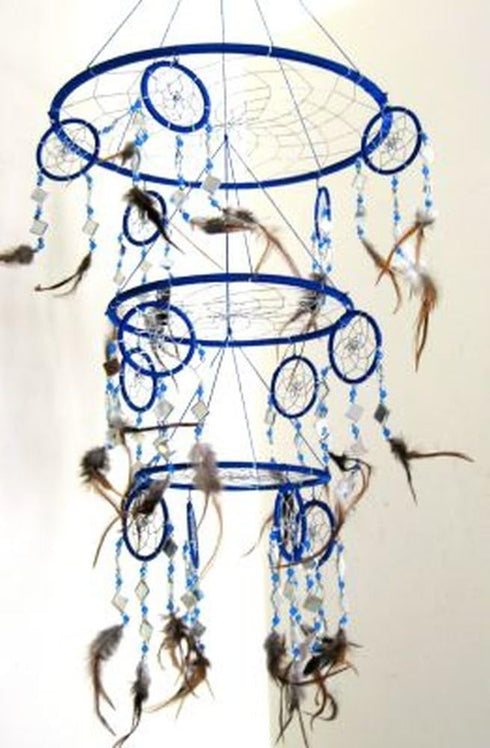 OMA Blue Dream Catcher, 3D Design with Mosaic Glass and Feathers, Boho Home Decor Bedroom Decoration Gift Large Size - 30" Long x 9" Diameter...