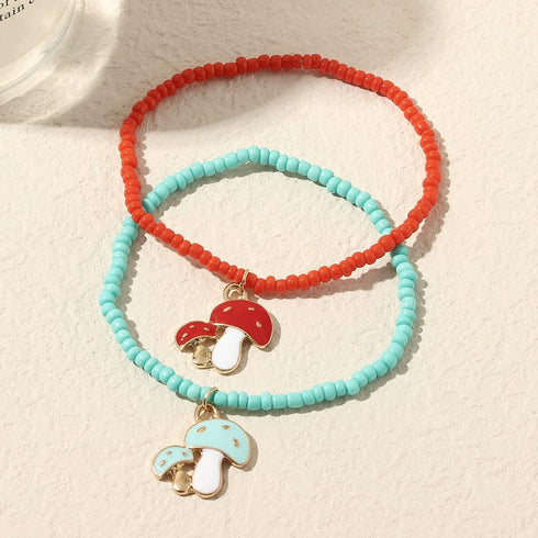 Lovely Mushroom Charm Beads Strand Bracelet Anklet Bohemian Cute Colorful Bead Crystal Stackable Elastic Bracelet Jewelry Set for Women...