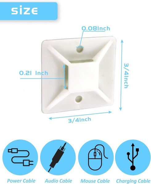 3/4" Zip Tie Mounts - 60 PCS Self Adhesive Cable Tie Mounts Wire Cable Anchors Squares Holders for Cable Management Outdoor Indoor (White, 60PCS- ...