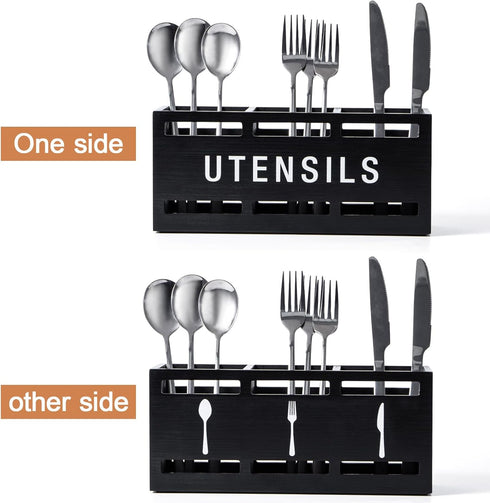 Wooden Cutlery Caddy, Black Utensil Holder Silverware Holder for Countertop Spoon and Fork, Flatware Organizer Storage Containers, Cooking Utensil...