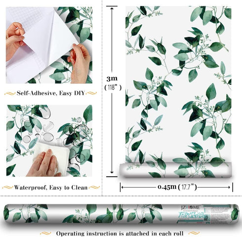 8267 Floral Peel and Stick Wallpaper 17.7in x 9.8ft Green Plant Eucalyptus Leaf Removable Self Adhesive Contact Paper Drawer Shelf Liner Vinyl Rol...