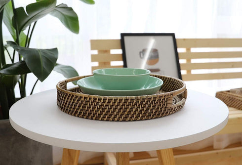 11 inch Rattan Tray, Round Wicker Tray with Cut-Out Handles, Woven Serving Tray for Dining / Coffee Table...