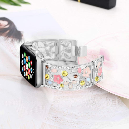 Floral Bracelet Compatible with Apple Watch Band 42mm 44mm 45mm 46mm 49mm iWatch Series 10 9 8 7 SE,Bling Crystal Hollow Metal Strap,Cute Women Dr...