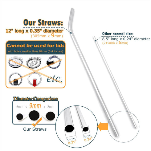 GFDesign Big Drinking Straws Reusable 12 Inches Extra Long 9mm Extra Wide SUS 304 Food-Grade 18/8 Stainless Steel - Set of 4 with 2 Cleaning Brush...