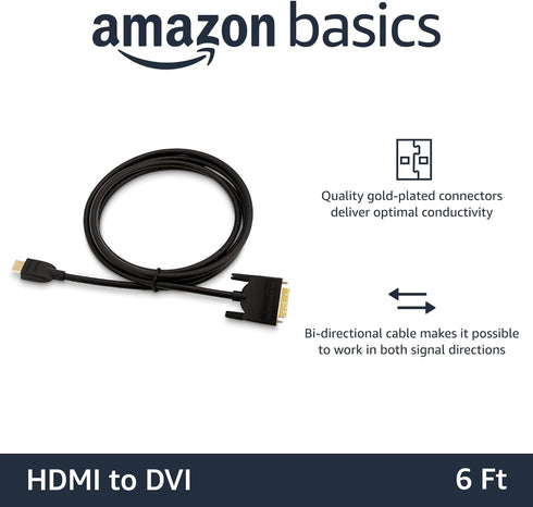 Amazon Basics HDMI-A to DVI (Male) Adapter Cable, Bi-Directional 1080P, Gold-Plated, 6 ft/1.8 m, Single Pack for Television, Black...