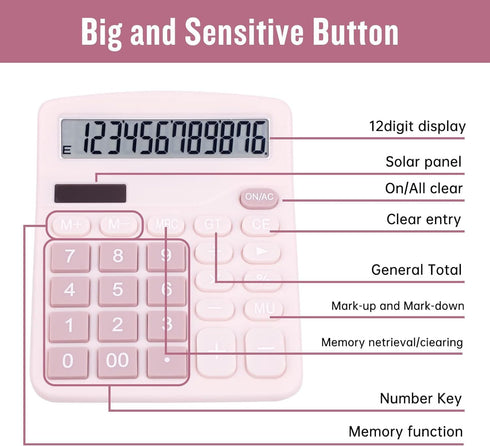 Cute Pink Desktop Calculator with Big Buttons, Dual Power Source, Solar and Battery, Large LCD Display, 2 Pack Desk Calculator- Perfect for Basic ...