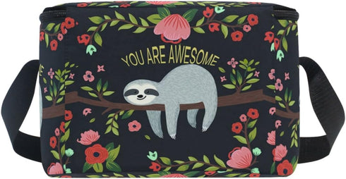 Naanle Cute Sloth on Tree Insulated Canvas Zipper Lunch Bag Cooler Tote Bag for Adult Teens Girls Boys Men Women, Animal Sloth Long Strap Lunch Bo...