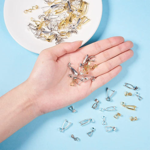 PH PandaHall 120 Pieces Brass Pinch Clip Bail Clasp Dangle Charm Bead Pendant Connector Findings 12 Styles for Jewelry Making 3 Colors...