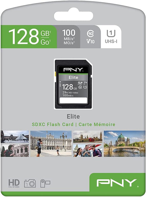 PNY 128GB Elite Class 10 U1 V10 SDXC Flash Memory Card - 100MB/s, Class 10, U1, V10, Full HD, UHS-I, Full Size SD...