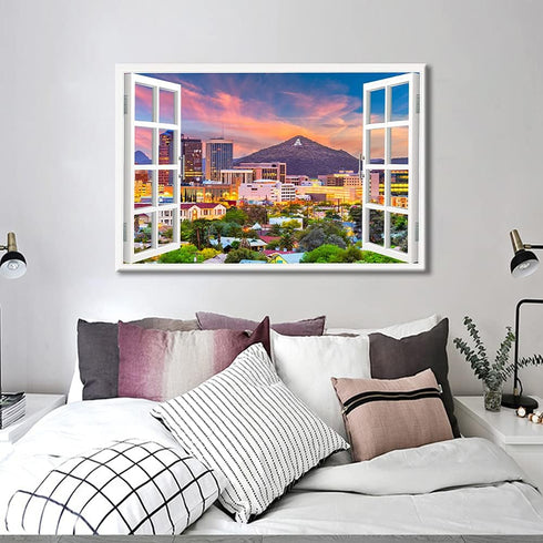 Window View Paintings for Wall Tucson Arizona Cityscape Pictures for Bedroom Downtown Skyline Canvas Wall Art HD Prints Modern Artwork Giclee Hous...