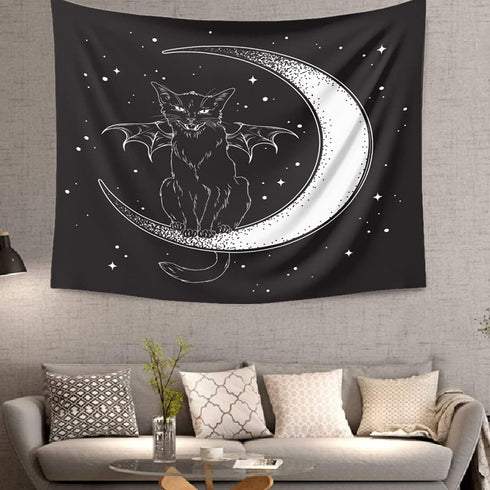DYRLHZ Black and White Wing Cat on Moon Tapestry, Creepy Hippie Spooky Monster Wall Hanging Tapestry, for Living Room Bedroom Home Decor (59'' x 7...