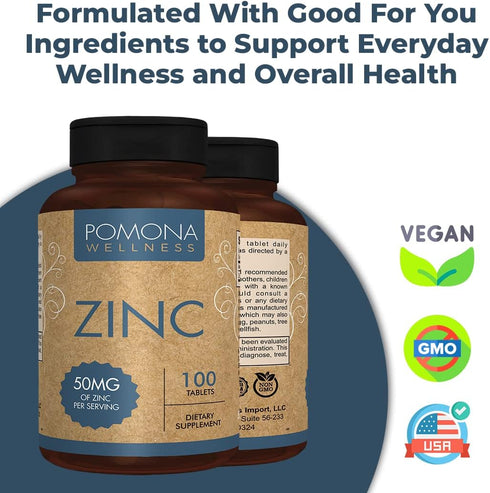 Pomona Wellness Zinc Supplements For Adults, 50mg, Skin Health And Immune Support, Easy To Swallow, For Antioxidant And Overall Health, Vegan, Non...