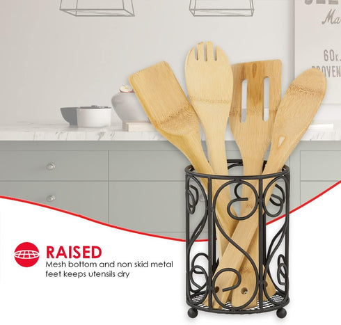 Scroll Design Cutlery Holder For Countertop, (Black), By Home Basics | Steel Flatware Caddy For Kitchen | Spoon Fork Holder With Raised Feet | Cut...