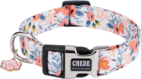 Cotton Dog Collar for Small Medium Large Dogs,Girl Dog Collar with Quick-Release Buckle,Flowers Soft Adjustable Pet Collar (Medium, Orange Rose)...