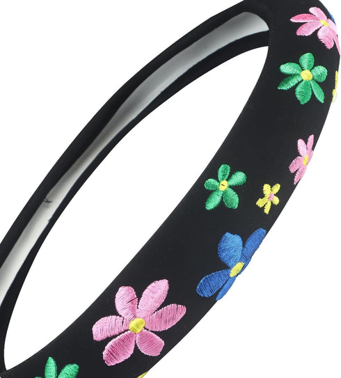Embroidery Cute Steering Wheel Cover-Deluxe Floral Car Decor,Anti-Slip,Sweat Absorption,Universal 15 inch (floral1)...