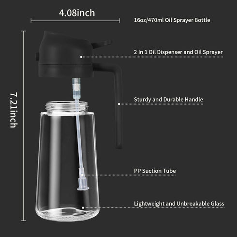 2 in 1 Oil Dispenser and Oil Sprayer, 470ml Oil Dispenser Bottle Spray and Pour, Glass Olive Oil Sprayer for Cooking, Food-Grade Oil Spray Bottle ...