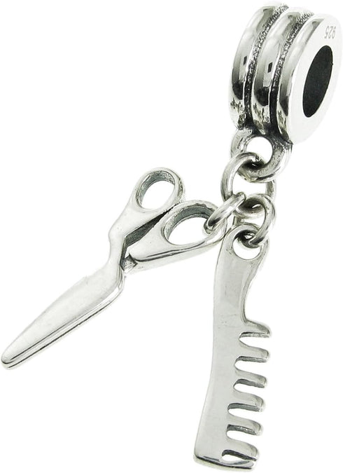 Sterling Silver Hair Stylist Scissors Comb European Style Dangle Bead Charm...