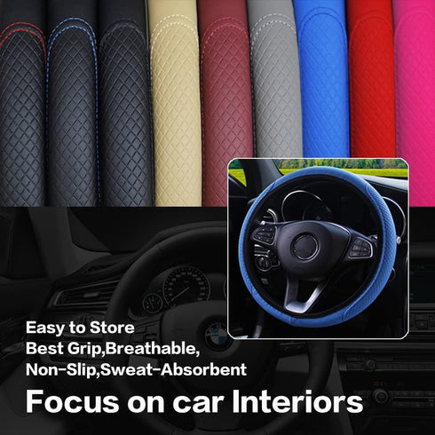 Leather Car Steering Wheel Cover, Classical Leather Automotive Steering Wheel Covers,Breathable, Non-Slip,Elastic, Universal 15 inch Steering Whee...