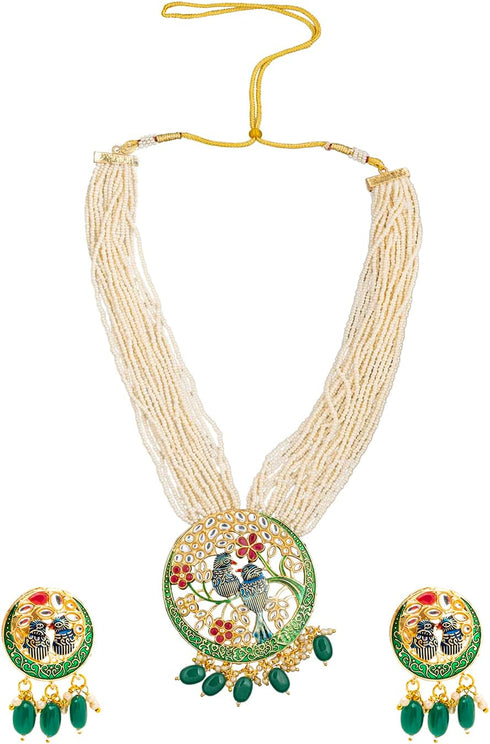 Traditional Indian Gold Plated Green Meenakari, CZ & Multilayer Pearls Adjustable Dori Long Pendant Necklace with Matching Earrings Jewellery/Jewe...
