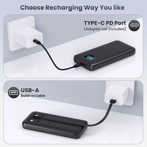 Portable Charger with Built-in Cables, Ultra Slim 13800mAh PD 3.0A USB-C Power Bank, LCD Display Battery Pack Compatible with iPhone 15/15 Plus/15...