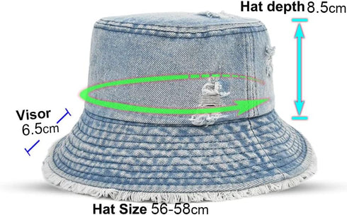 Distressed Denim Bucket Hat Ripped Frayed Edge Sun Hat for Women Men...