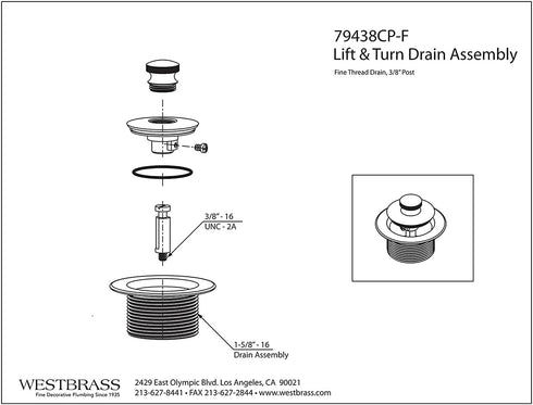 Westbrass 1-1/4" NPSM (1-5/8"-16 UNC-2A) Fine Thread Twist & Close Bath Drain Plug, Polished Chrome, 79438CP-F...