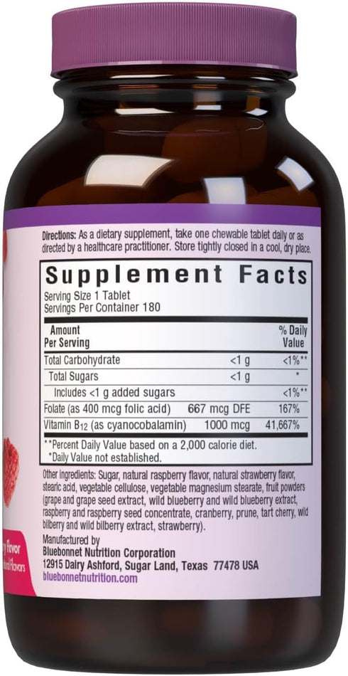 Bluebonnet Nutrition Earth Sweet Vitamin B12 1000 mcg & Folic Acid 400mcg Brain Health & Energy* Vitamins for Women & Men - Vegan, Gluten-Free Ras...