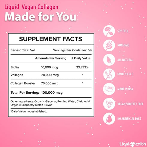 LIQUIDHEALTH 100% Vegan Collagen Plus Biotin 100,000mcg Liquid Drops - Plant-Based Liquid Collagen for Women, Men - Hair & Nail Growth, Skin Healt...