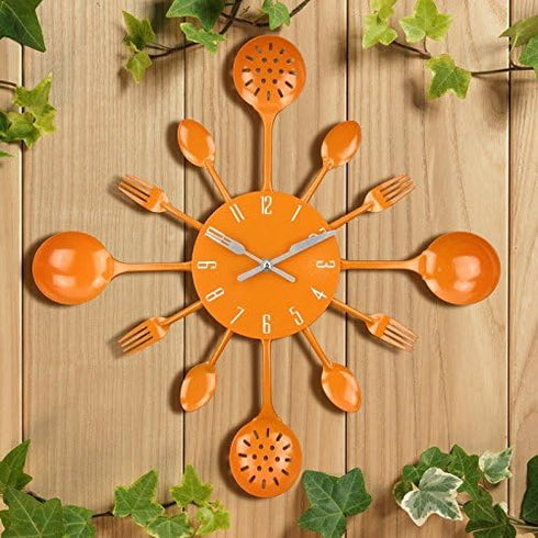 Timelike Wall Clock, 16" Metal Kitchen Cutlery Utensil Spoon Fork Wall Clock Creative Modern Home Decor Antique Style Wall Watch (Orange)...